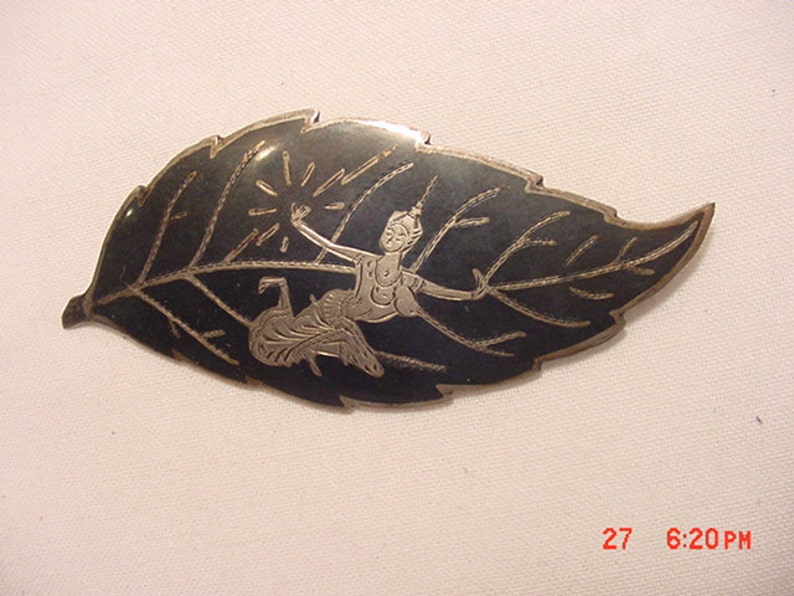 Vintage Sterling Silver Niello Siam Leaf Brooch 16 884 image 3