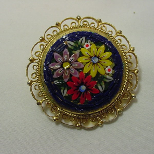 Vintage Italy Filigree Micro Mosiac Flower Blossom Brooch  20 - 362