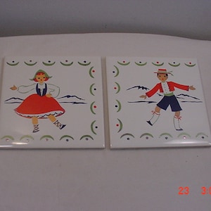 2 Vintage Decorative Ceramic Tiles With Holland Dutch Kids  18 - 1082