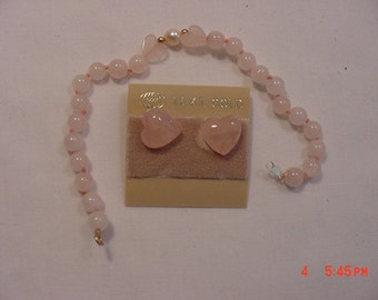 Vintage Pink Glass Hearts Bracelet & Pierced Earring Set  17 - 60