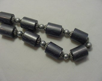 Vintage Gray Plastic Cylinder  Bead Necklace & ONE Pierced Earring  19 - 373
