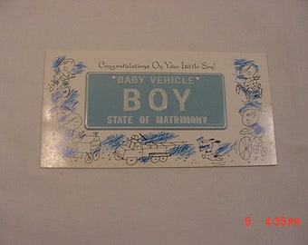 Vintage 1965 Congratulations On You Baby Boy Greeting Card With Real Removable Miniature Metal License Plate  18 - 1202