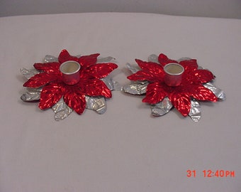 2 Matching Vintage Foil Poinsettia Christmas Candle Holders   18 - 1142