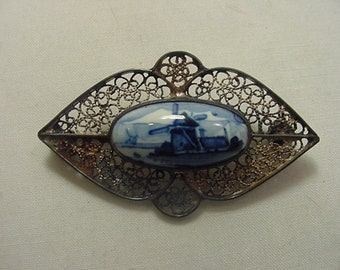 Vintage Blue Delft Windmill Filigree Brooch  20 - 99