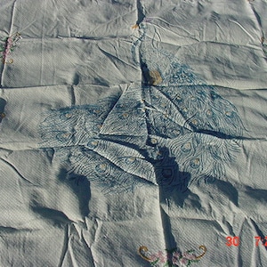 Vintage Hand Embroidered Peacock & Flowers Queen Size Bedspread  18 - 1607
