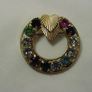 Vintage Gold Filled Multi-Colored Rhinestone Circle Brooch With Hearts  20 - 374