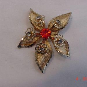 Vintage Orange & Gray Rhinestone Flower Blossom Brooch  18 - 549