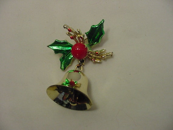 Vintage Real Bell & Holly Christmas Brooch  21 - … - image 3