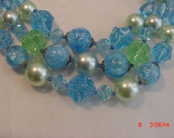 Vintage Germany Blue & Green Three Strand Adjustable Necklace  18 - 273