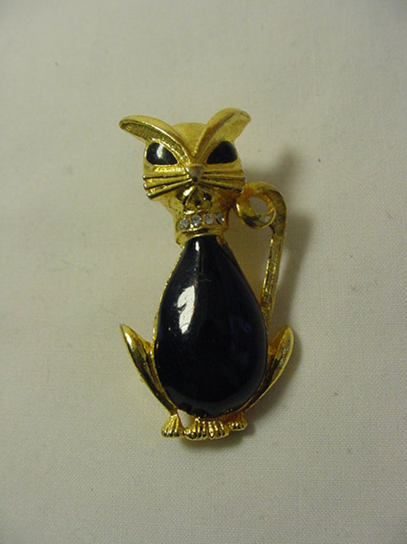 Vintage Enamel Cat Brooch With Rhinestone Accented Collar 19 | Etsy