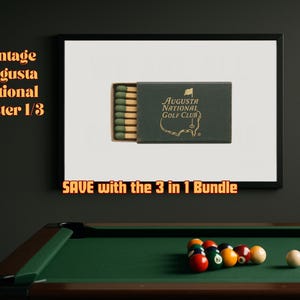 May include: A vintage matchbook featuring the Augusta National Golf Club logo. The matchbook is green with gold lettering and a white outline of the golf course. The text "SAVE with the 3 in 1 Bundle" is visible below the matchbook.