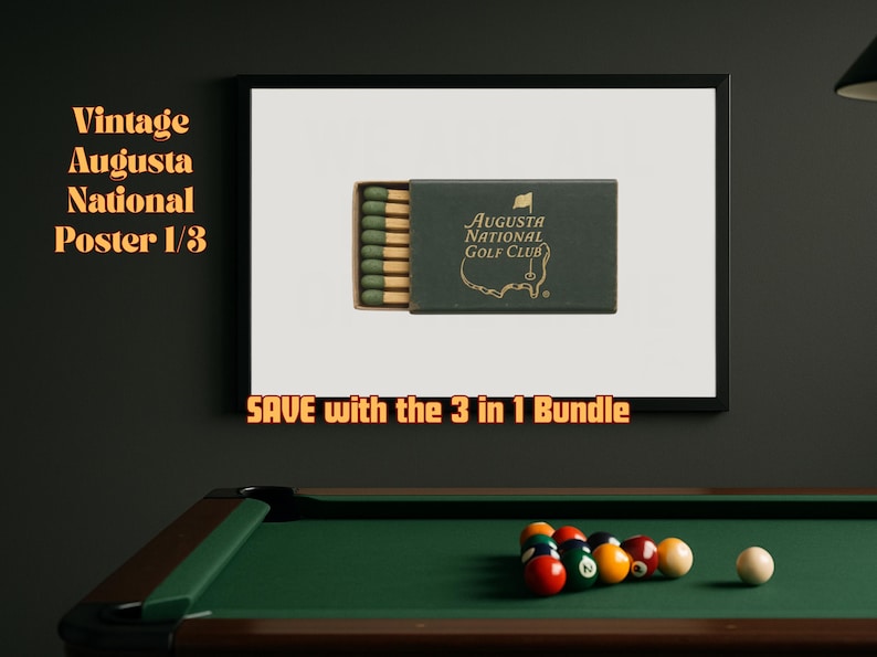 May include: A vintage matchbook featuring the Augusta National Golf Club logo. The matchbook is green with gold lettering and a white outline of the golf course. The text "SAVE with the 3 in 1 Bundle" is visible below the matchbook.