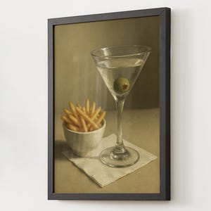 Martini and Fries Print | Cute Quirky Whimsical | Cocktail Art Bar Cart Decor | Elegant Oil Painting Gift | Trendy Kitchen Wall