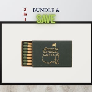 May include: A green matchbook with gold lettering that reads "Augusta National Golf Club". The matchbook has a green and white image of the golf course.