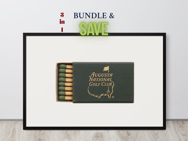 May include: A green matchbook with gold lettering that reads "Augusta National Golf Club". The matchbook has a green and white image of the golf course.