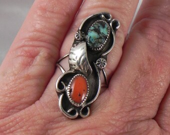 Native American Turquoise and Coral Sterling Ring