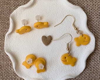 Goldfish Cracker Earrings, Miniature Polymer Clay Snack Jewelry