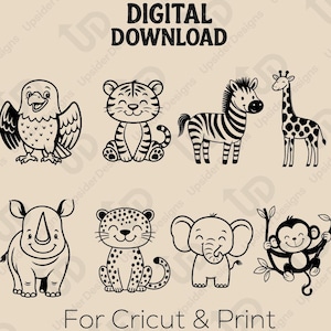 Lot mignon animal de la jungle SVG | Laser bébé animal Safari, cliparts Cricut | Décoration d'anniversaire pour enfants DXF png EPS | Art mural de la chambre d'enfant du zoo à imprimer