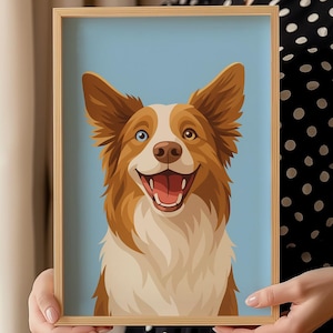 Könnte beinhalten: Gerahmtes Porträt eines Border Collie-Hundes mit braun-weißem Fell, einem blauen und braunen Auge und einem fröhlichen Gesichtsausdruck. Der Hund ist vor einem hellblauen Hintergrund platziert. Der Rahmen ist aus hellem Holz.