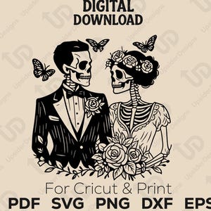 Skeleton Bride & Groom SVG | Gothic Wedding Skeleton Couple | Halloween Cricut Design | Spooky Cut File for Shirts, Cut File DXF clipart
