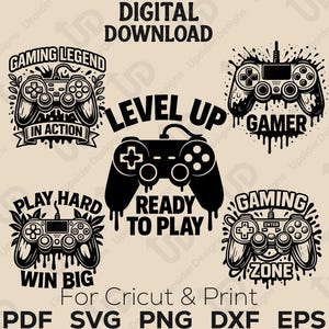 Pacchetto SVG di Level Up Gamer Controller / Citazioni di Gaming Legend e Play Hard / File di taglio per Cricut Glowforge, Grafica per tazze e magliette in formato PNG, Vettore di Gaming Zone