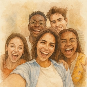 Könnte beinhalten: Aquarellillustration von fünf lächelnden und lachenden Menschen. Die zentrale Figur hält die Kamera für ein Selfie. Die Gruppe besteht aus drei Frauen und zwei Männern, alle mit fröhlichen Ausdrücken. Das Bild hat eine warme, einladende Farbpalette.