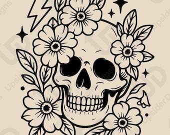 Floral Skull SVG | Gothic Boho Skull Clipart for Cricut | Day of the Dead Skull PNG | Flower Skull Cut File for Shirts & Decor
