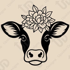 Bloemen koe hoofd SVG | Schattig vaarsgezicht met bloemenkroon voor Cricut, sublimatie en lasersnijden, bloemen babykoe png-, dxf-vectorbestand