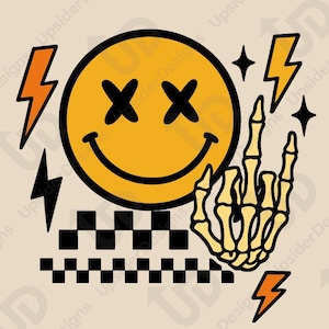 May include: Digital download graphic with a yellow smiley face, black cross eyes, and a skeleton hand giving the middle finger. Includes lightning bolts, stars, and text: "DIGITAL DOWNLOAD" and "For Cricut & Print".