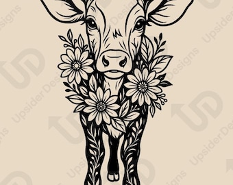 May include: Black and white digital download of a calf with a floral wreath. The image includes the text "DIGITAL DOWNLOAD" and "For Cricut & Print" with file type options: PDF, SVG, PNG, DXF, and EPS.