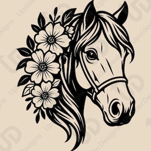 Floral Pferd SVG Design, elegante Pferdekopf Digital Cut File, Cricut Bauernhof Tier Kunst, rustikaler Reiter Clipart, Pferdeliebhaber Png, Dxf Vektor