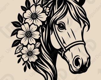 Floral Horse SVG Design, Elegant Horse Head Digital Cut File, Cricut Farm Animal Art, Rustic Equestrian Clipart, Horse Lover Png, Dxf vector