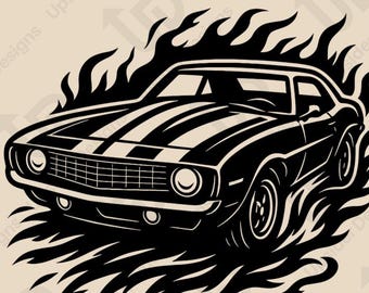May include: Black and white graphic of a classic muscle car with racing stripes, surrounded by flames. The image includes the text "DIGITAL DOWNLOAD" and "For Cricut & Print" with file type abbreviations.