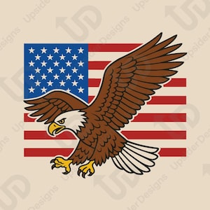 飛翔する鷲のアメリカ国旗 SVG | 愛国的な白頭鷲 PNG | アメリカのクリカットデザイン | 独立記念日の鷲のカットファイル | アメリカの軍事クリップアート