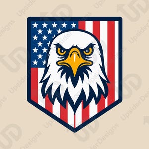 May include: A digital download of a graphic design featuring a bald eagle head with a red, white, and blue American flag background. The design is in a shield shape and includes the text "DIGITAL DOWNLOAD" and "For Cricut & Print PDF SVG PNG DXF EPS".