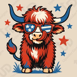 Vaca de las Tierras Altas 4 de julio SVG / Clipart de vaca patriótica / Vaca con gafas de EE. UU. PNG / Vaca roja, blanca y azul para Cricut / Animal divertido del 4 de julio Svg