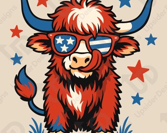 Vaca de las Tierras Altas 4 de julio SVG / Clipart de vaca patriótica / Vaca con gafas de EE. UU. PNG / Vaca roja, blanca y azul para Cricut / Animal divertido del 4 de julio Svg