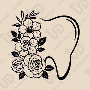 Floral Tooth SVG Design – Dentist Clipart for Cricut, Dental Office Wall Art, Tooth Outline with Flowers, Hygienist Gift Cut File DXF, PNG