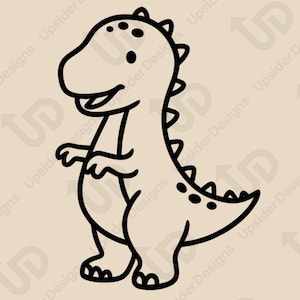 May include: A black and white cartoon dinosaur illustration. The dinosaur is standing upright with a smiling expression. The image includes the text "DIGITAL DOWNLOAD" and "For Cricut & Print" with file format options.