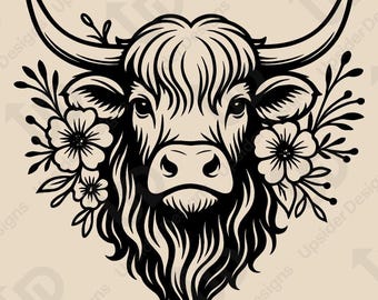 Highland Cow Floral SVG, Rustic Farmhouse Clipart, Boho Cow Head Design, Digital Download, Cricut Country Art, Farm Animal Printable Png Dxf