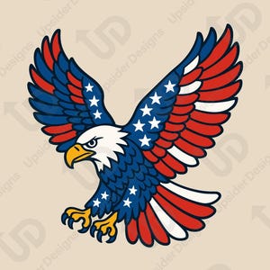 愛国的なハクトウワシのSVG | アメリカ国旗の翼のクリップアート | Cricut USA Freedom Cutファイル | 飛翔するワシのPNGデザイン | 独立記念日の印刷可能なアート