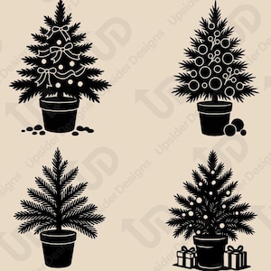 May include: A black and white digital download graphic with four potted Christmas tree designs. The trees are decorated with bows, baubles, and gifts. Text at the top reads "DIGITAL DOWNLOAD" and at the bottom "For Cricut & Print".
