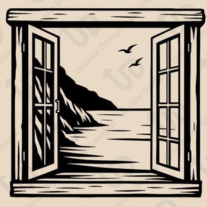 May include: Black and white digital download design of an open window overlooking a coastal landscape with two birds flying. The text "DIGITAL DOWNLOAD" is at the top, and "For Cricut & Print" with file type abbreviations are at the bottom.