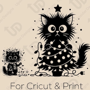 May include: Black and white digital download graphic featuring a cat decorated as a Christmas tree, with a smaller cat. Text includes "DIGITAL DOWNLOAD" and "For Cricut & Print" with file type abbreviations.