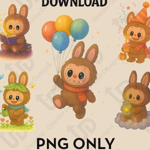 May include: A digital download graphic featuring six cartoon bunnies in various poses. One bunny reads a book, another holds balloons, and a third wears a party hat. The image includes the text "DIGITAL DOWNLOAD" and "PNG ONLY".