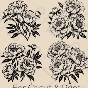 Peony Flower SVG Bundle | Elegant Floral Clipart Set for Cricut & Print | Black Botanical PNG Dxf Eps Files | Digital Download for Crafters