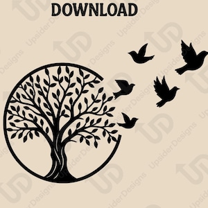 Peut inclure: Silhouette noire d'un arbre dans un cercle, avec des oiseaux en vol. L'image comprend le texte "TÉLÉCHARGEMENT NUMÉRIQUE" et "Pour Cricut & Print" avec les options de format de fichier : PDF, SVG, PNG, DXF et EPS. Le design est sur fond beige.