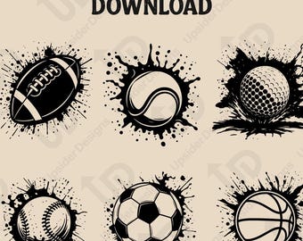 Pacote SVG de respingos de bola esportiva | Futebol, futebol, basquete, beisebol, tênis, golfe PNG | Arquivo de corte Cricut DXF, design vetorial EPS para arte em canecas e camisas