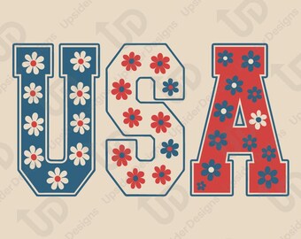 Floral USA SVG | Retro Patriotic 4th of July Shirt PNG | Cute Red White Blue Cricut File | America Flower Letters Clipart | Summer Design