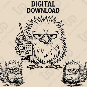 Ensemble SVG drôle de hibou de café | Grumpy Caffeine Lover couper des fichiers pour Cricut & Glowforge | Café Première citation PNG Dxf Pdf | Art de la chemise avec tasse EPS